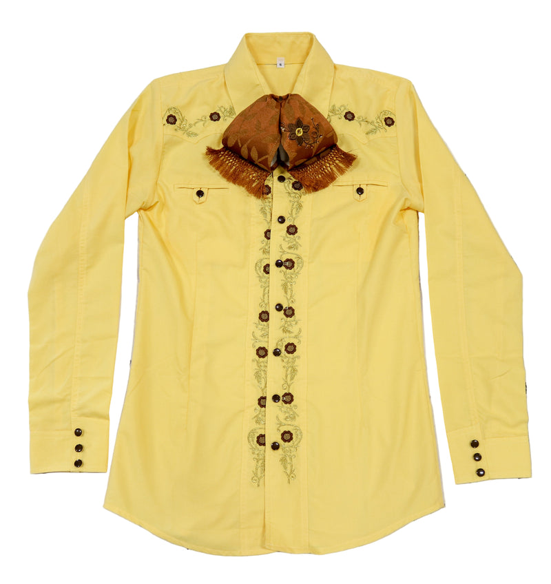 36 (S) Camisa Embroidered Yellow Charra Diseño Bordada