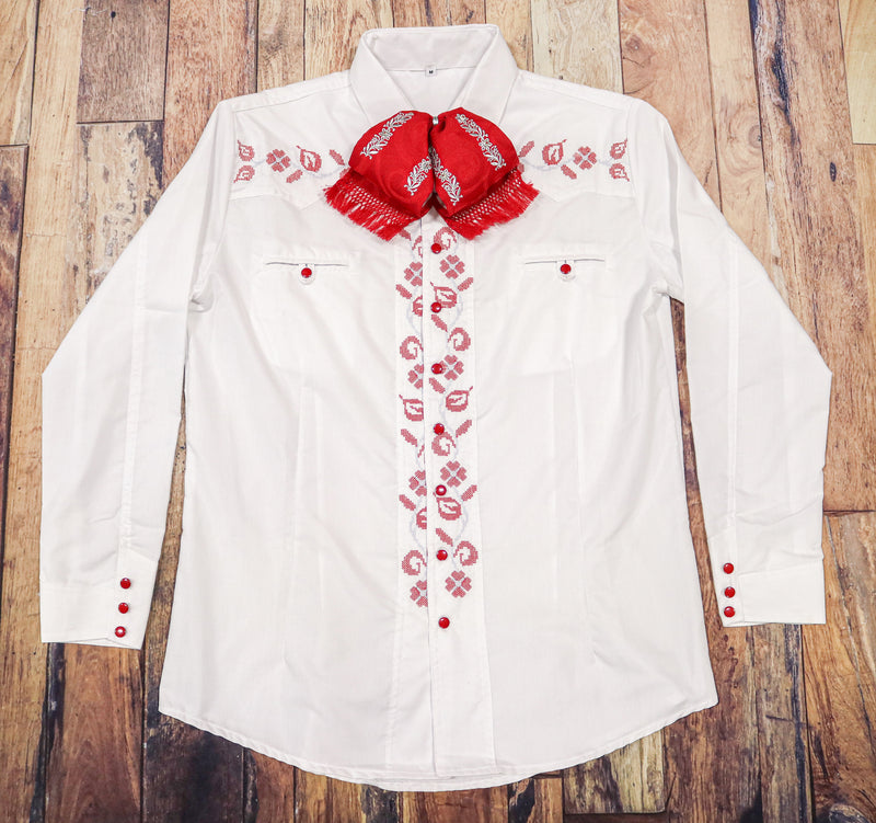 38 (M) White Camisa Charra Diseño Bordada