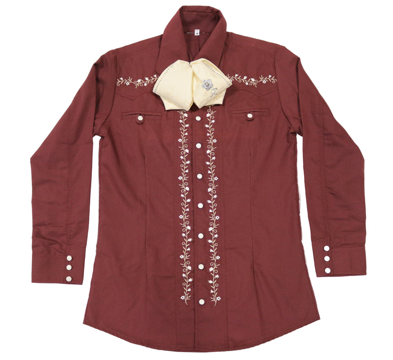38 (M) Charro Vino Camisa Charra Diseño Bordada