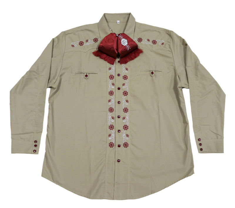 46 (3XL) Khaki Cafe Camisa Charra Diseño Bordada