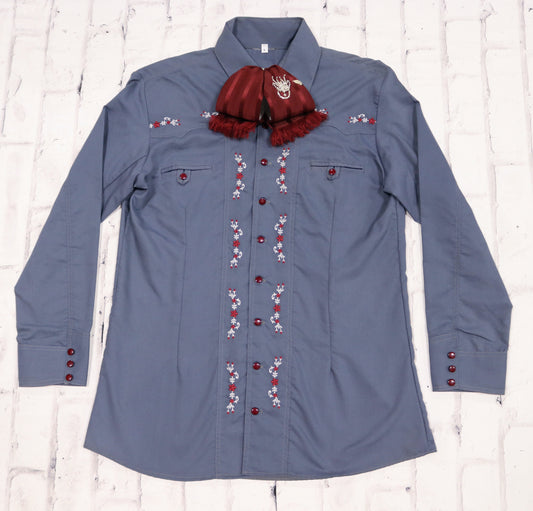 40 (L) Blue Flor Maroon Charro Shirt Camisa Bordada