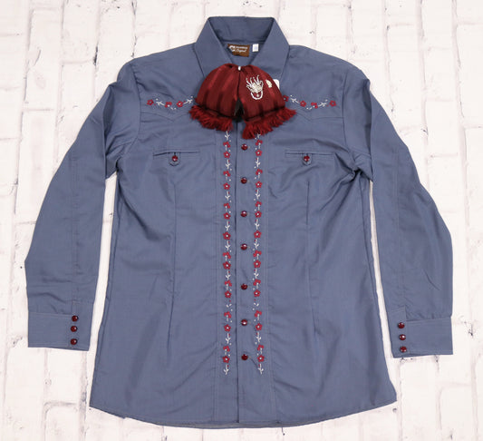 40 (L) Charro Azul Shirt Bordada Camisa Charra Flor