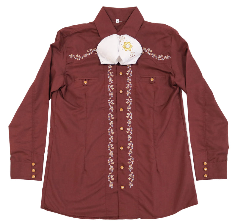 40 (L) Maroon Diseño Bordada Charro Camisa Charra