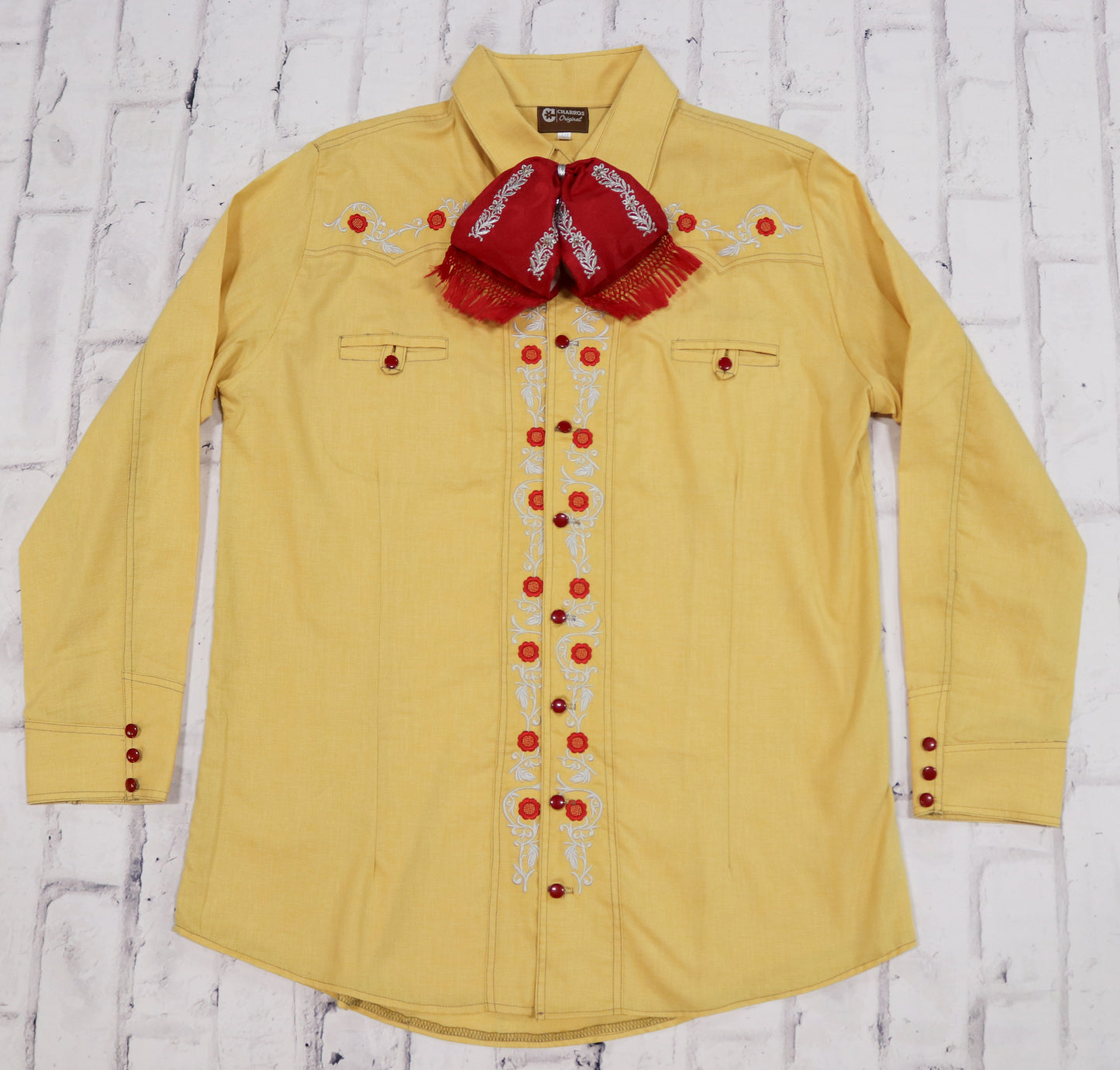 42 (XL) Yellow Camisa Charra Bordada