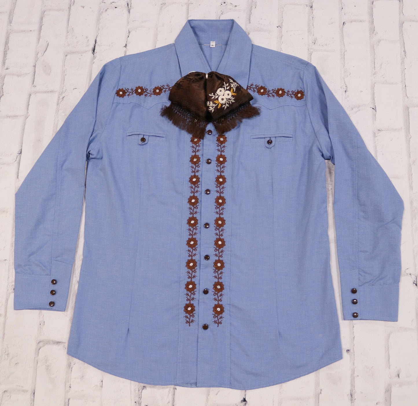 42 (XL) Blue Maya Charra Camisa Bordada Diseño