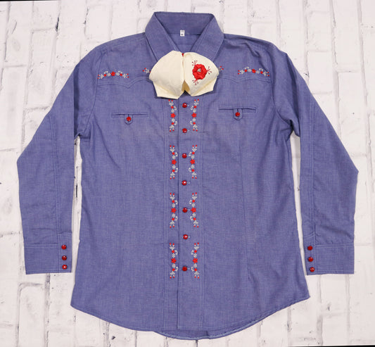 42 (XL) Denim Blue Charra Camisa Flor Diseño