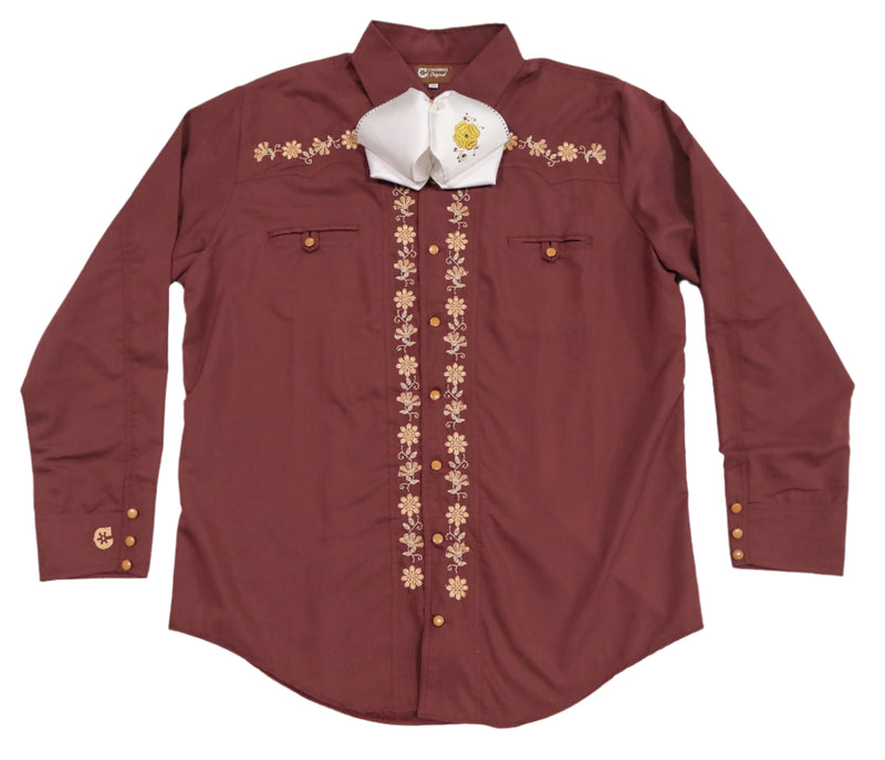 44 (2XL) Vino Camisa Charra Diseño Bordada