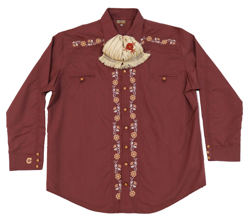 46 (3XL) Maroon Vino Flor Camisa Charra Diseño Bordada