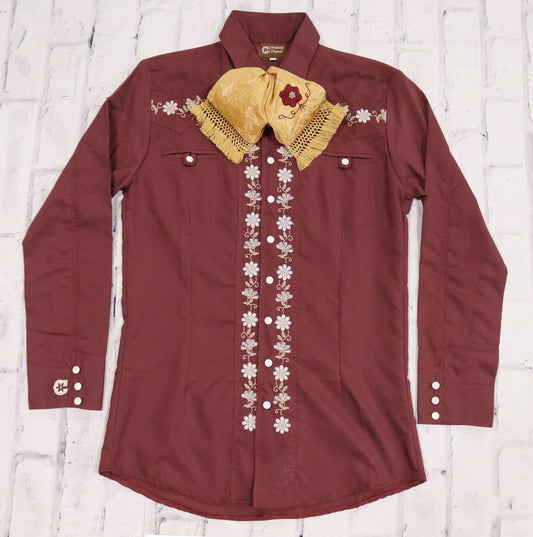 38 (M) Camisa Charra Maroon Diseño Bordada