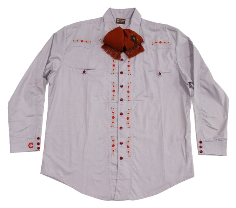 46 (3XL) Grey Embroidered Charro Shirt Diseño Bordada