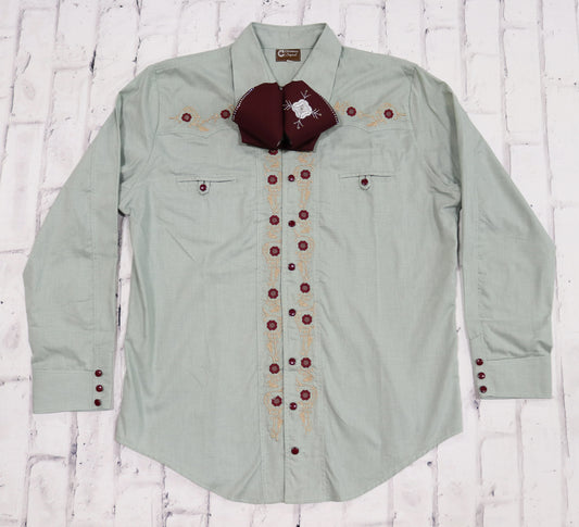 2XL (44) Olive Green Diseño Bordada Camisa Charra