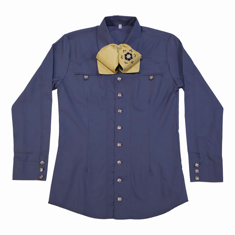 38 (M) Azul Camisa Charra Boton Fino Lisa Charro Shirt