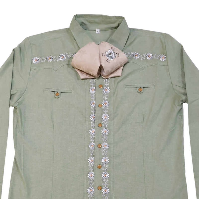 XL (42) Verde Diseño Bordada Camisa Charra