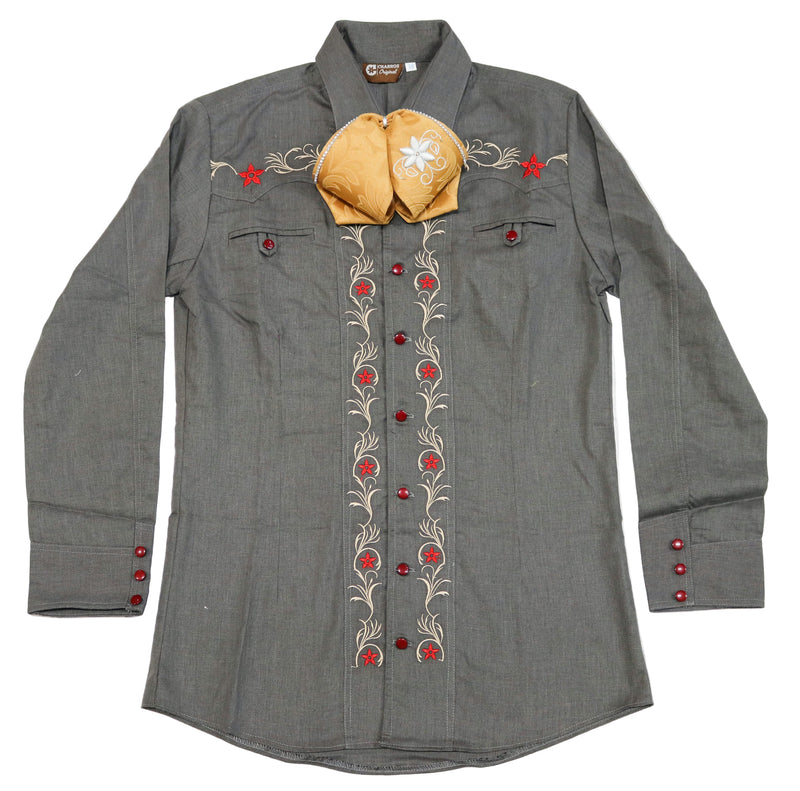 38 (M) Heather Gris Flor Camisa Charra Diseño Bordada
