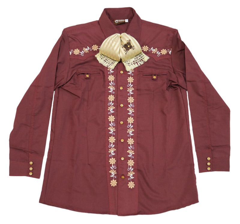 40 (L) Dark Red Embroidered Camisa Charra Diseño
