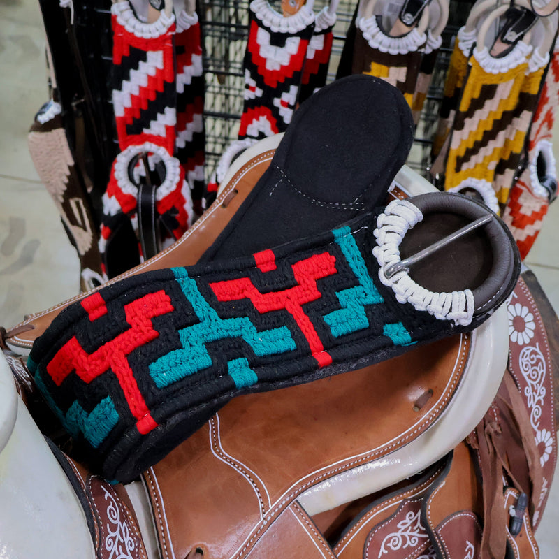 34" Teal Red Cincho Caballo Mexican Cinch Saddle