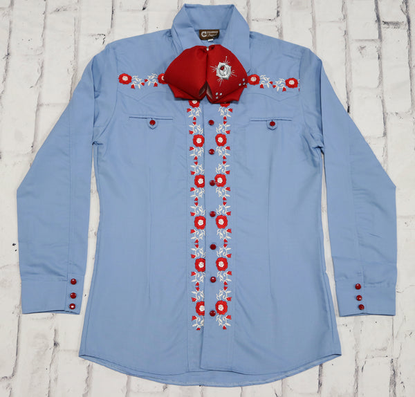 38 (M) Blue Charro Shirt Camisa Charra Diseño Bordada