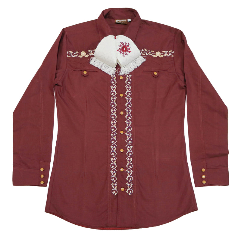 38 (M) Burgundy Charro Camisa Charra Diseño Bordada