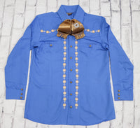 40 (L) Azul Charro Shirt Camisa Charra Flor Bordada
