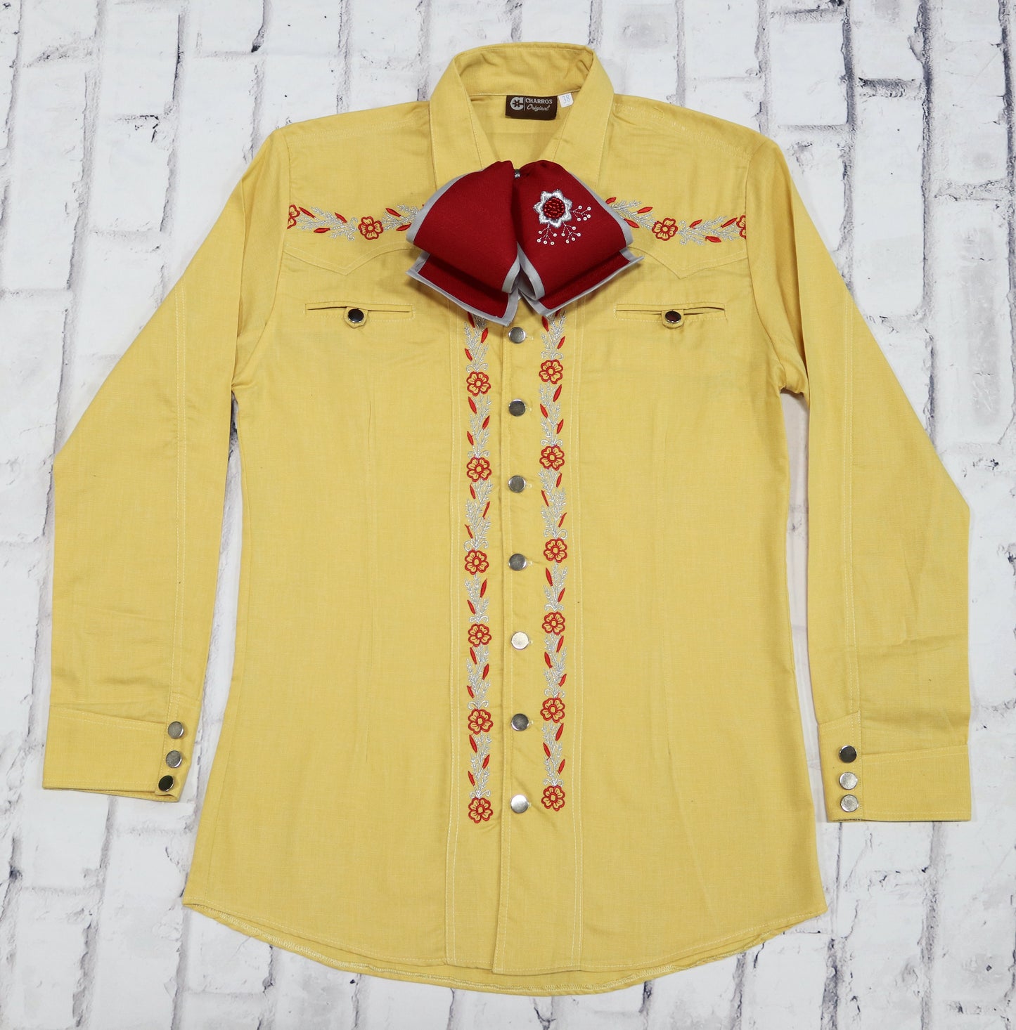 38 (M) Tuscan Yellow Charro Camisa Charra Diseño Bordada