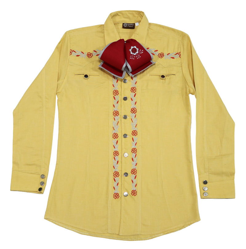 38 (M) Tuscan Yellow Charro Camisa Charra Diseño Bordada