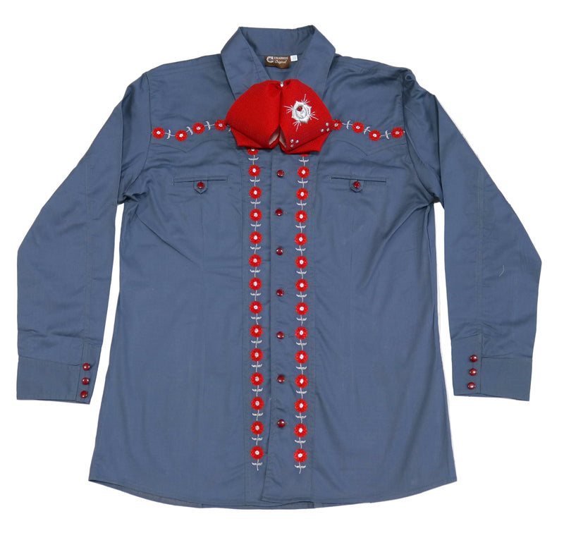 38 (M) Azul Flor Gris Charro Shirt Camisa Charra Bordada