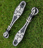 Black Charro Embroidered Spur Straps | Mexican Leather Bordado Espuelas Correones - M - Royal Saddles - Charro Spurs Strap