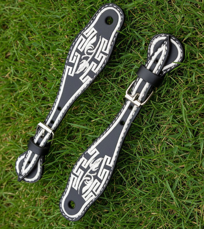 Black Charro Embroidered Spur Straps | Mexican Leather Bordado Espuelas Correones - M - Royal Saddles - Charro Spurs Strap
