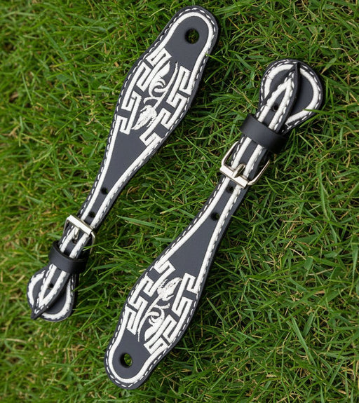 Black Charro Embroidered Spur Straps | Mexican Leather Bordado Espuelas Correones - M - Royal Saddles - Charro Spurs Strap