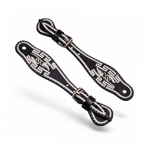 Black Charro Embroidered Spur Straps | Mexican Leather Bordado Espuelas Correones - M - Royal Saddles - Charro Spurs Strap