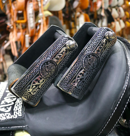 Charro Estados Unidos Mexicanos Estribos Greca Stirrups - M - Royal Saddles - Charro Saddle Parts