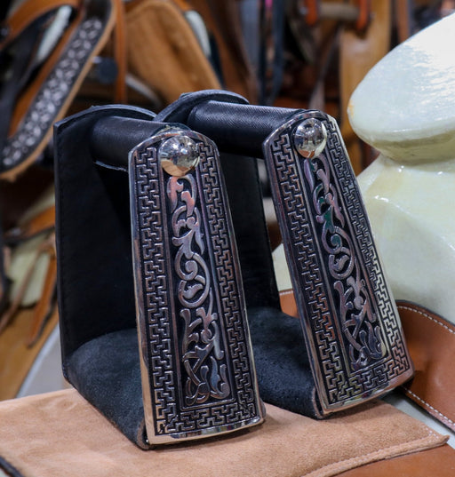 Charro Greca Stirrups Estribos Acero Inoxidable - M - Royal Saddles - Charro Saddle Parts