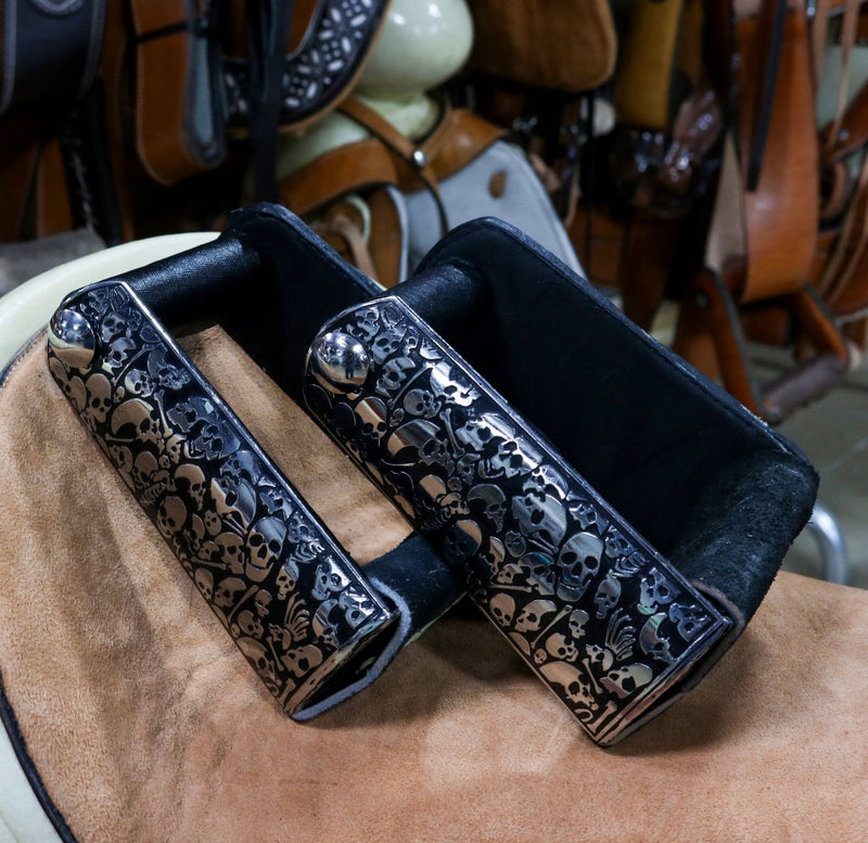 Charro Leather Stirrups Estribos Charros Stainless Steel - M - Royal Saddles - Charro Saddle Parts