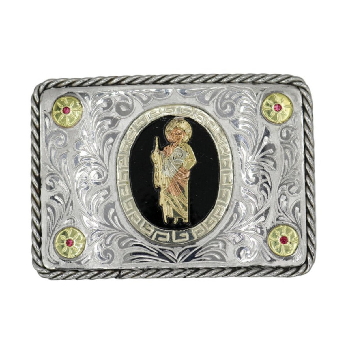 Charro "San Judas" Engraved Hebilla Acero Buckle - M - Royal Saddles - Belts/Buckles