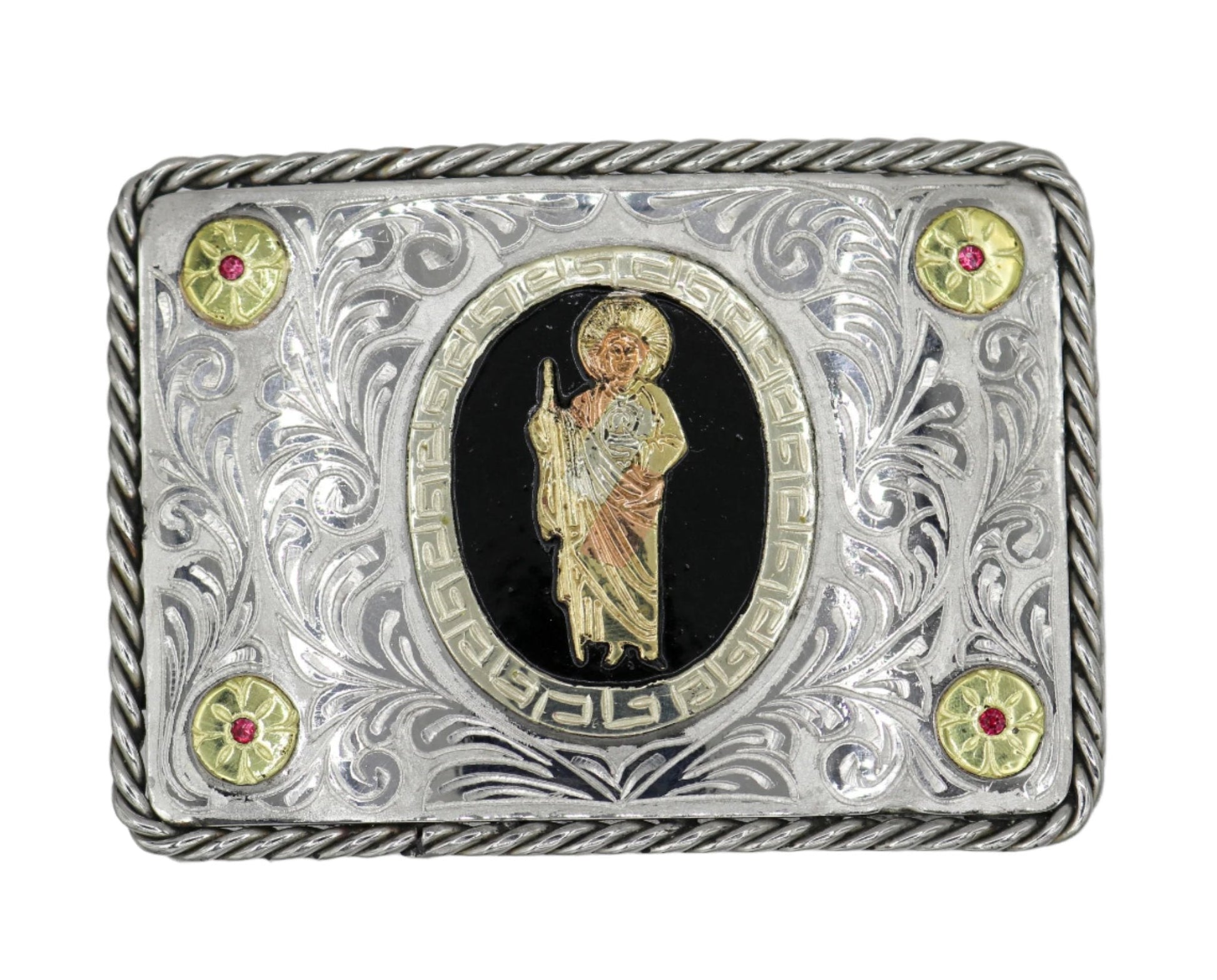 Charro "San Judas" Engraved Hebilla Acero Buckle - M - Royal Saddles - Belts/Buckles