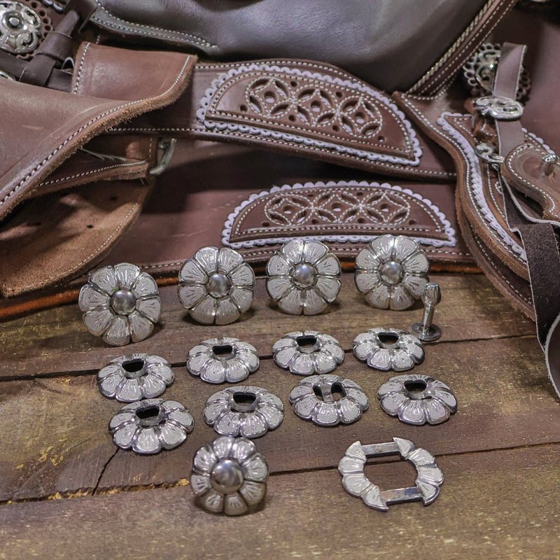 Flor Acero Juego De Chapetones Monturas Charras Stainless Steel - M - Royal Saddles - Charro Saddle Parts