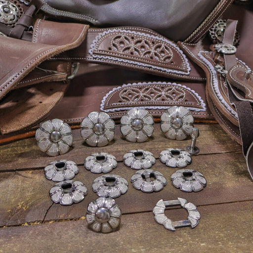 Flor Acero Juego De Chapetones Monturas Charras Stainless Steel - M - Royal Saddles - Charro Saddle Parts