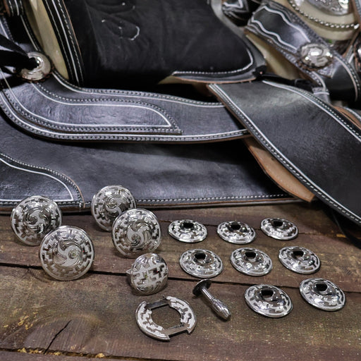 Greca Stainless Steel Juego De Chapetones Acero Monturas Charras - M - Royal Saddles - Charro Saddle Parts