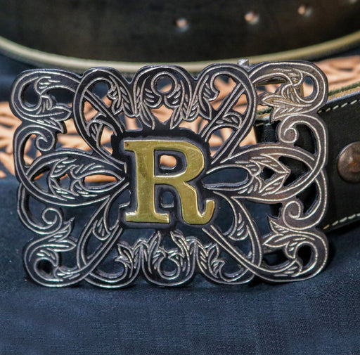Hebilla Pavonada "R" Negra Charro Buckle - M - Royal Saddles - Belts/Buckles