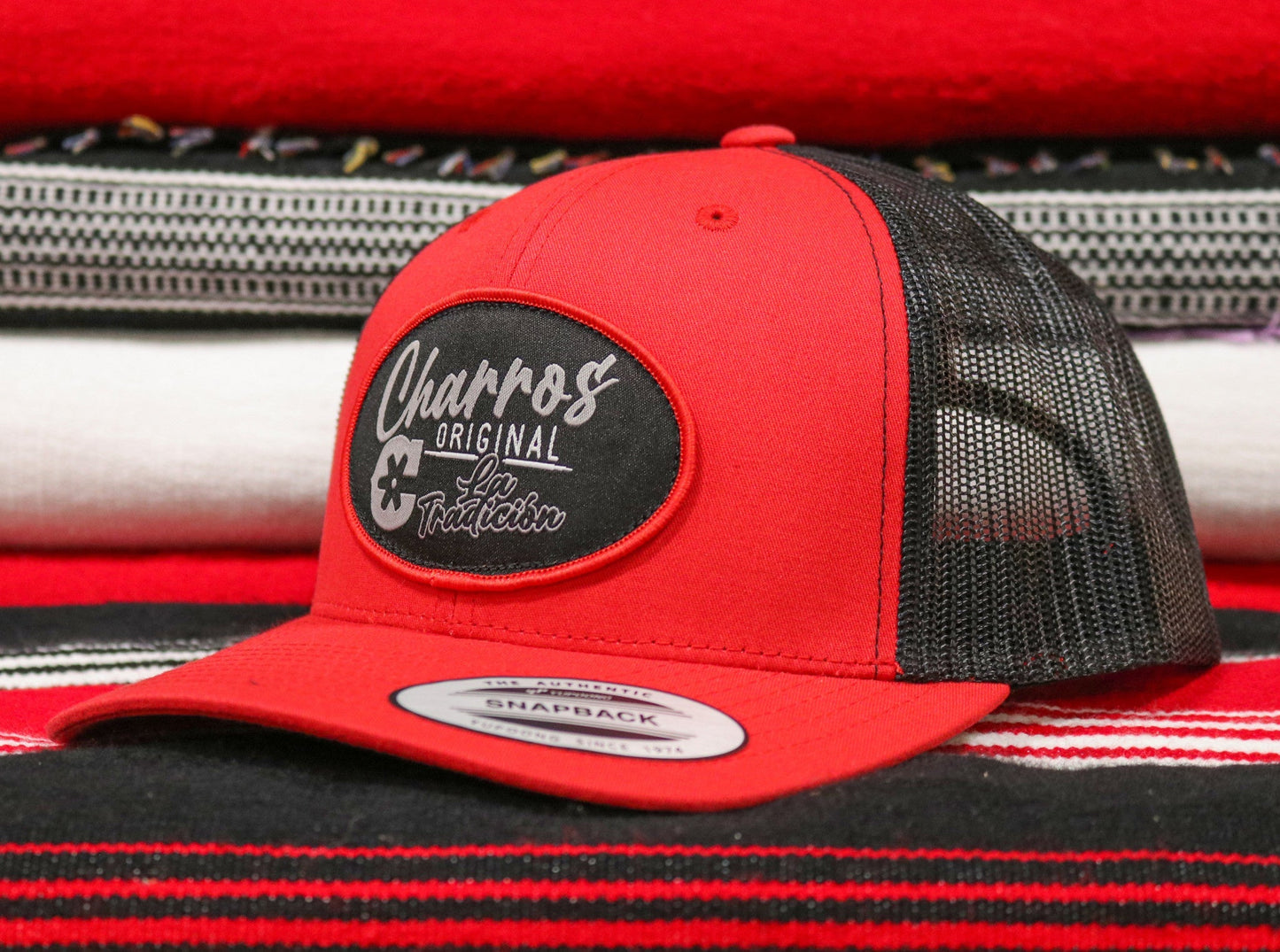 Red "La Tradicion" Patch Curve Bill Snapback - M - Royal Saddles - Charros Original Hats