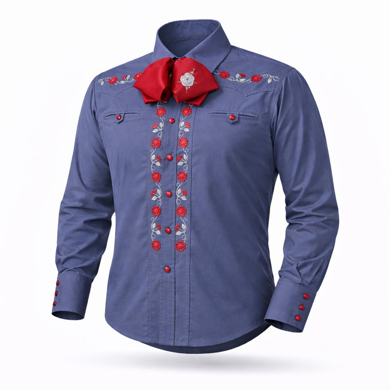 38 (M) Blue Charro Shirt Camisa Charra Diseño Bordada