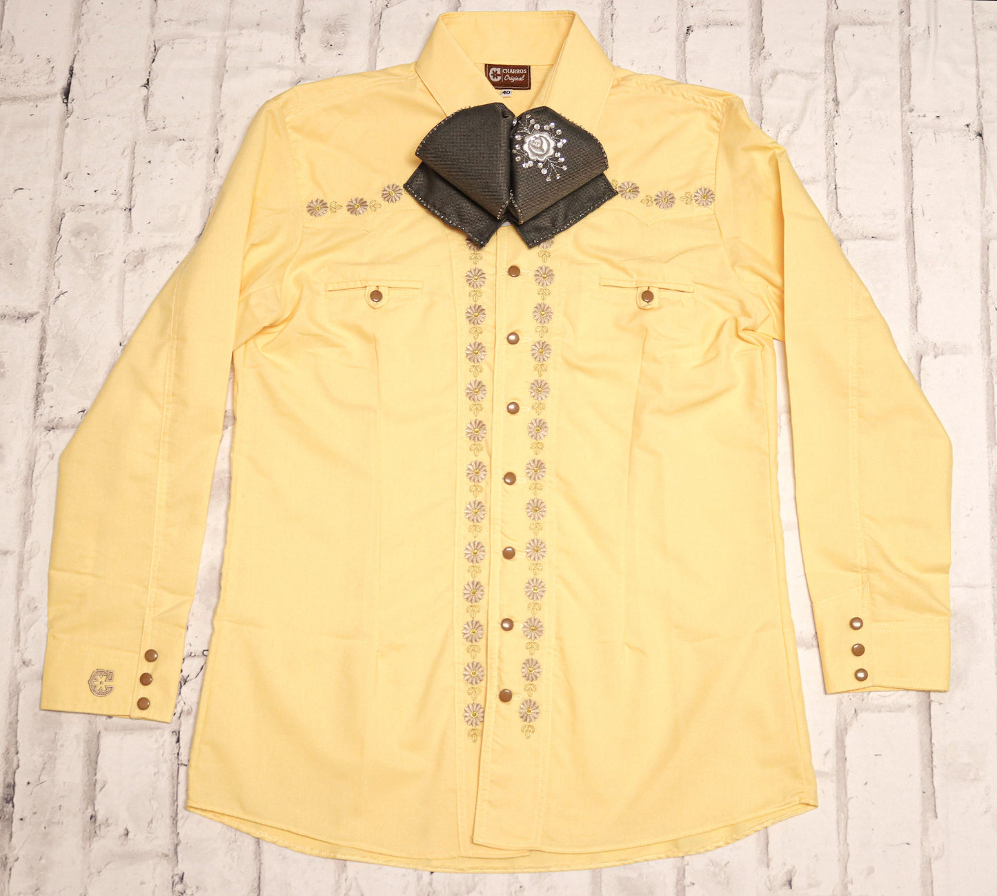 40 (L) Lemon Yellow Camisa Charra Diseño Bordada