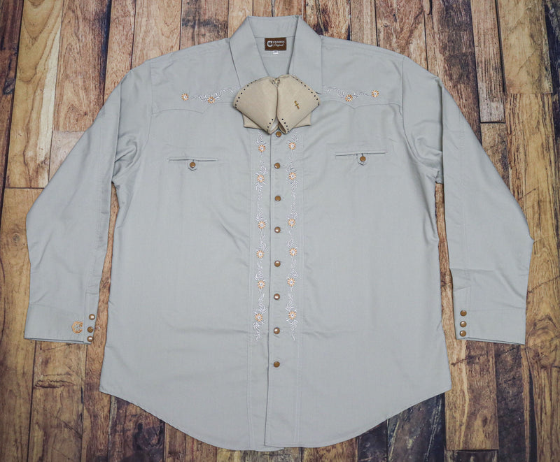 3XL (46) Gris Claro Charro Flor Camisa Charra Diseno Bordada