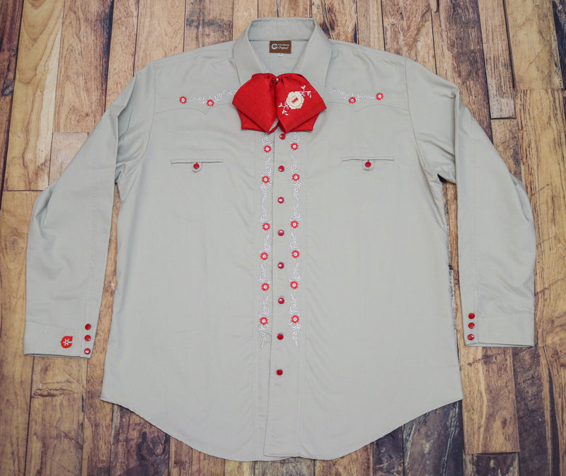 3XL (46) Stone Grey Charro Flor Camisa Charra Diseno Bordada