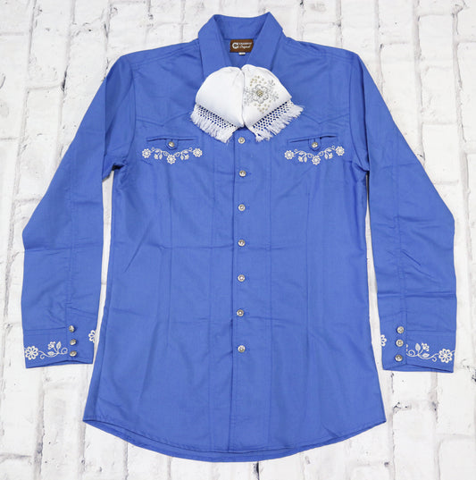38 (M) Azul Flor Gris Charro Shirt Camisa Charra Bordada