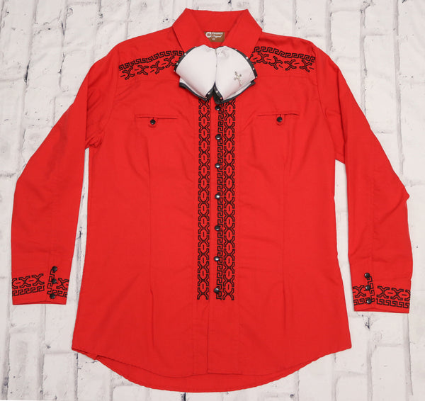 42 (XL) Cherry Red Camisa Charra Para Hombre Diseño Bordado